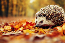 Hedgehog In Autumn Leaves, Digital Art