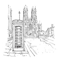 Westminster Abbey And Telephone Booth In London. Architecture Sketch Illustration. Hand Drawn Sketch Of London City, UK. Isolated On White Background. Travel Sketch. Hand Drawn Travel Postcard.