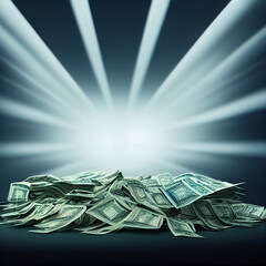 pile of money in rays of light