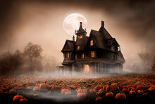 Haunted House On Pumpkin Field At Night. Halloween Design. Full Moon, Bare Tree And Old House With Mist And Moonlight.