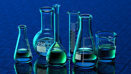 Wall Mural - glass chemistry lab equipment on blue background. chemistry lab concept. 3d