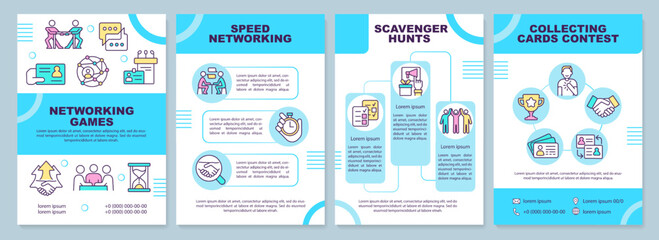 Networking games blue brochure template. Social competition. Leaflet design with linear icons. Editable 4 vector layouts for presentation, annual reports. Arial-Black, Myriad Pro-Regular fonts used
