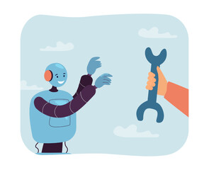 Wall Mural - hand of engineer holding out wrench to robot. engineering and support of ai by person flat vector il