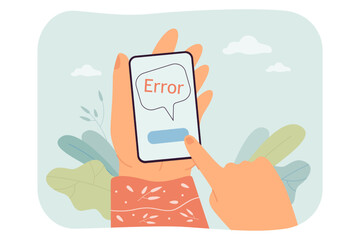 Wall Mural - female hands holding phone with alert error message on screen. push notification in smartphone of wo