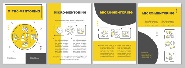 Micro mentor approach yellow brochure template. Dynamic coaching. Leaflet design with linear icons. Editable 4 vector layouts for presentation, annual reports. Arial, Myriad Pro-Regular fonts used