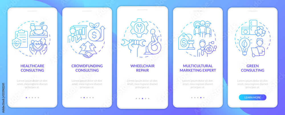 In demand small business types blue gradient onboarding mobile app ...