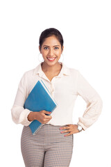 Young business woman looking at the camera with file on white.