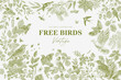 Free Birds. Card. Vector vintage illustration. Green