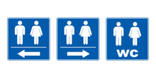 Men And Women Icons. Gender Symbols For Toilets And Special Places. Men And Women Restroom Sign. WC Direction Arrows Sign Set