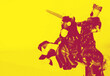 Leinwandbild Motiv haltoned print of epic horse and king in yellow and red background