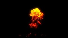 Realistic Fire Blast Explosion With Orange Mushroom Cloud. 3D Rendering Huge Spark Explosion Isolated On Black Studio Background. A Cloud Of Fireball, Like From A Volcano Or A Military Bomb Explosion.