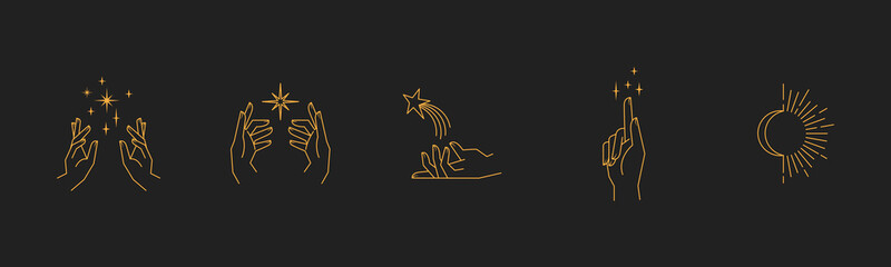 Wall Mural - Aesthetic astral hands. Collection of cosmic and celestial elements with sun, moon and stars. Isolated editable linear vectors.