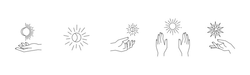 Aesthetic astral hands. Collection of cosmic and celestial elements with sun, moon and stars. Isolated editable linear vectors.