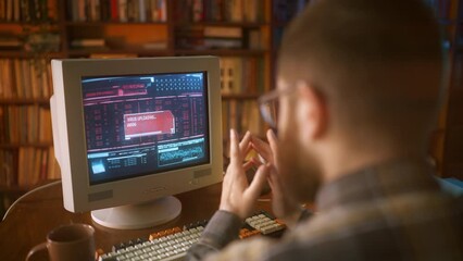 Oldschool hacker uploading viruses, malware, breaking into retro computer system