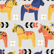 Hand drawn vector seamless pattern with Swedish Dala horses with ornaments