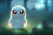 A White, Shaggy Baby Ghost With Cemetery Graves In A Dark Forest At Night Under A Full Moon. Halloween With Carved Pumpkins And Candles Lighting Up The Darkness.