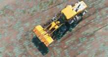 Modern Bulldozer View From Drone. Visualization Of Assistive Technologies In Construction Equipment. The Bulldozer Is Scanning The Area Around It.