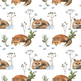 Fototapeta Dziecięca - Beautiful seamless pattern with watercolor hand drawn wild fox animals, as well as forest dried flowers and branches. Winter forest illustration.