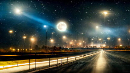  highway at night ,city light blurred reflection on horizon road starry sky and moon