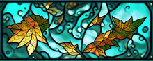 Beautiful Background Stained Glass For Window With Autumn Leaves And Swirls In Art Nouveau Style 
