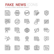 Collection Of Fake News Related Outline Icons. 48x48 Pixel Perfect. Editable Stroke