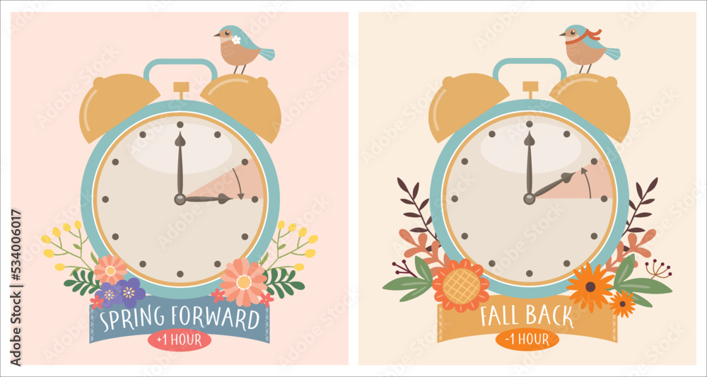 Daylight Saving Time vector illustration. Set of clocks, text fall back ...