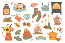 Vector Set Autumn Icons: Log Burner, Leaves, Cozy, Candles, Lantern, Acorns, Conkers. Scrapbook Collection Of Fall Season Elements. Background For Harvest Time. Autumn Greeting Card