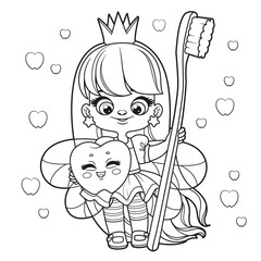 Poster - Cute cartoon long haired girl tooth fairy with big tooth and a toothbrush outlined for coloring page on white background