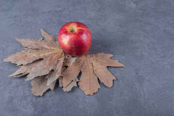 Wall Mural - Close up photo of Organic red apple on dried leaves over grey background