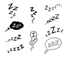 Zzz, Zzzz Bed Sleep Snore Icons With Vector Doodle Cloud Bubbles. Isolated Signs Of Sleep, Nap, Rest, Relax, Dream Sound Effects Of Sleeper. Apnea Or Snoring Comic Book Speech Balloons, Onomatopoeia