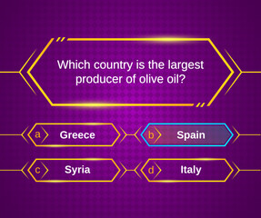 Quiz template, question game, tv show test, trivia puzzle or knowledge contest vector option menu with choice of right answer. Trivia quiz game or puzzle layout with gold frames and modern background
