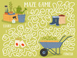 © Buch&Bee - Labyrinth maze game, find the farm and gardening tools vector worksheet. Kids puzzle, riddle or education quiz with cartoon farmer equipment and spring garden plants, flower pots, buckets, wheelbarrow