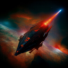 Wall Mural - black starship exiting hyperspace above an alien planet, generative ai