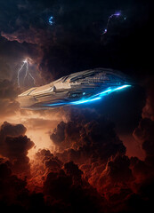 Wall Mural - futuristic starship orbiting a jupiter-like gas giant, generative ai