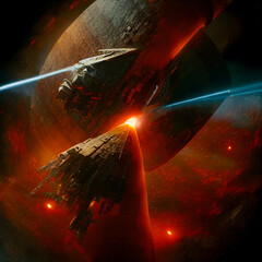 Wall Mural - massive spacecraft construction work in an orange nebula, generative ai