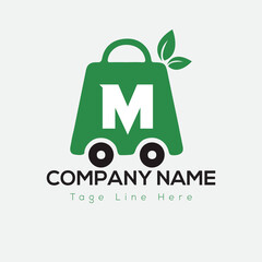 Eco Shopping Logo On Letter M Template. Eco Online cart On M Letter, Initial Shopping Sign Concept	