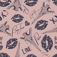 Fashion seamless pattern. Bonjour Paris. pattern with original calligraphic fonts, sketch Eiffel Tower and heart. for  fashion clothes, t shirt, child, wrapping paper. Creative girlish design  