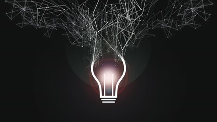 Wall Mural - wireframe point connecting network arises from symbol of light bulb on black background. concept for