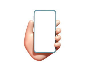 3d cartoon hand holding smartphone isolated on white background. mobile phone mockup. 3d render illu