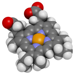 Poster - Heme B (haem B) molecule. Heme is an essential component of hemoglobin, myoglobin, cytochrome, catalase and other metalloproteins. 3D rendering.