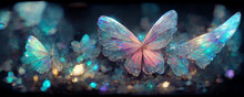 Large Stunningly Beautiful Fairy Wings Fantasy Crystal Glass Glitter Butterfly Sits On A Light Blue Stone. The Insect Casts A Shadow On Nature.The Insect Has Many Geometric Angles.3d Render