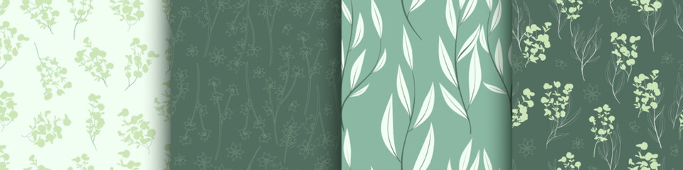 Hand Painted Eucalyptus Pattern. Summer Leaves Print. Tropical Textile Design. Exotic Eucalyptus Pattern. Fern Leafs Background. Vintage Wedding Invitation. Seamless Eucalyptus Patterns Set.