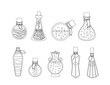 Bottles with potion coloring book. Black and white set of potion. Vector