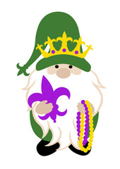 Wall Mural - Mardi Gras gnome svg.  Fleur-de-lis flower, beads, Gold crown clip art. New Orleans carnival decor. Gnome hat.