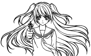 Wall Mural - Illustration for coloring book of a high school girl with a gun	