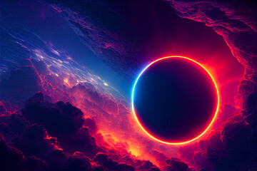 Wall Mural - the eclipse of a planet in a vibrant space nebula, generative ai