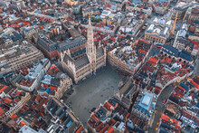 Sunset Cityscape Of The City Of Brussels, Belgium: Aerial View Of Grand Place Square And Town Hall (Hôtel De Ville De Bruxelles)