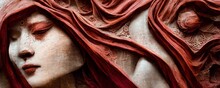 Red Marble Godess On Red Backbround Pourous Skin, Beautiful, Delicate, Intricate Detail Digital Illustration.