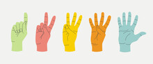 Set of gestures colourful human hands counting. Fingers expressing the numbers 1,2,3,4,5. Showing fingers to count from one to five. Voting and pointing, hi-five, number one finger, election vote.