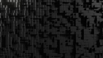 Modern abstract animated construction with black cubes. Trendy 3d render seamless loop animation. Endless movement background with realistic elements